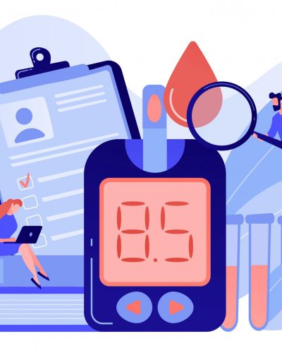 Doctor with magnifier and blood glucose testing meter. Diabetes mellitus, type 2 diabetes and insulin production concept on white background. Pinkish coral bluevector isolated illustration