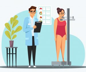 Nutritionist measure patient weight on medical scales, woman client at appointment with dietician in clinic. Illustration of weight loss strategy, body mass index, healthy lifestyle